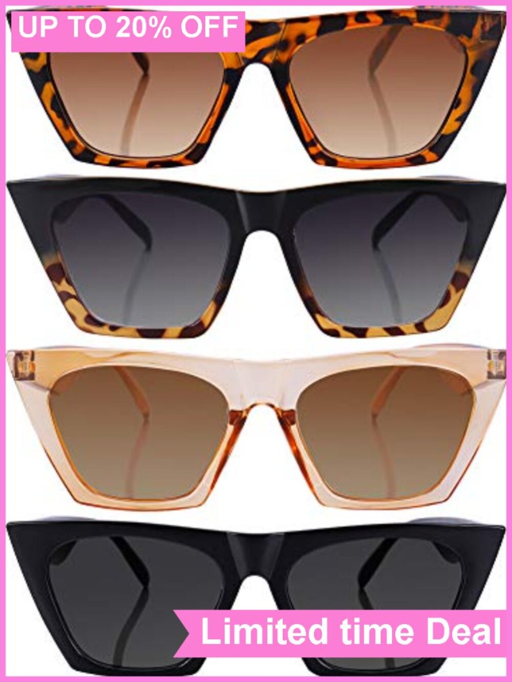 4 Pack Retro Cat Eye Sunglasses Women Oversized UV Protection Spring Hinge